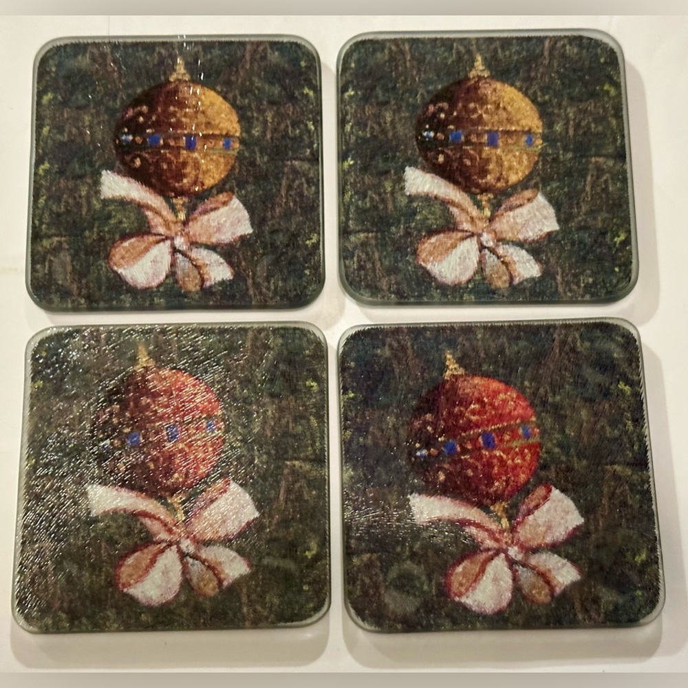 Set of 4 Glass Holiday Coasters w/ Wooden Stand - Vintage Style Christmas Decor